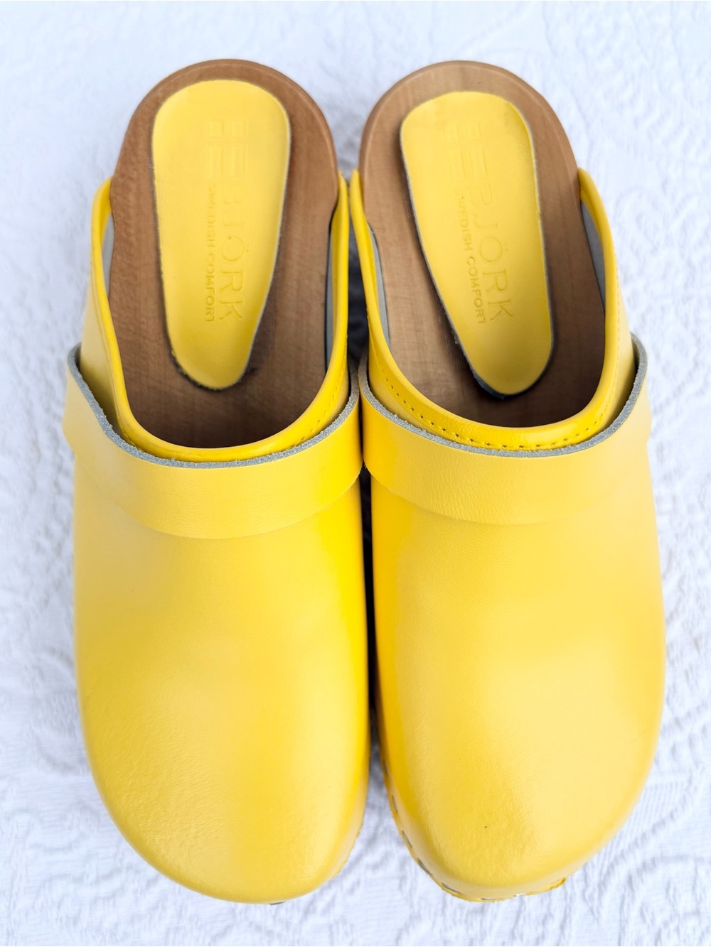 BJORK Swedish Comfort Maja Leather & Wood Heel Open Back Clog | Mustard | EU 39 - Picture 3 of 11